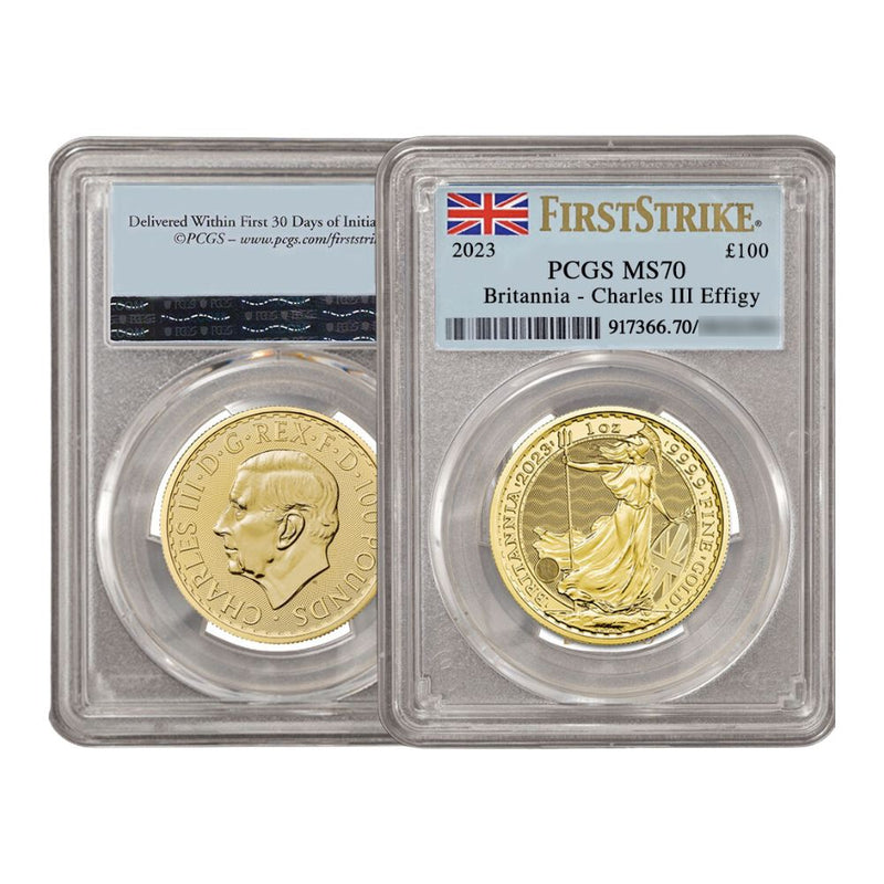 Britannia £100 1oz PCGS 2023 HM The King First Strike