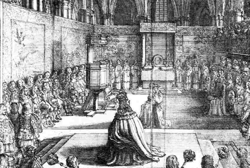 Engraving of the Coronation of King Charles II (1630-1685) monarch of the three kingdoms of England, Scotland, and Ireland. Executed at Whitehall on 30 January 1649, at the climax of the English Civil War.