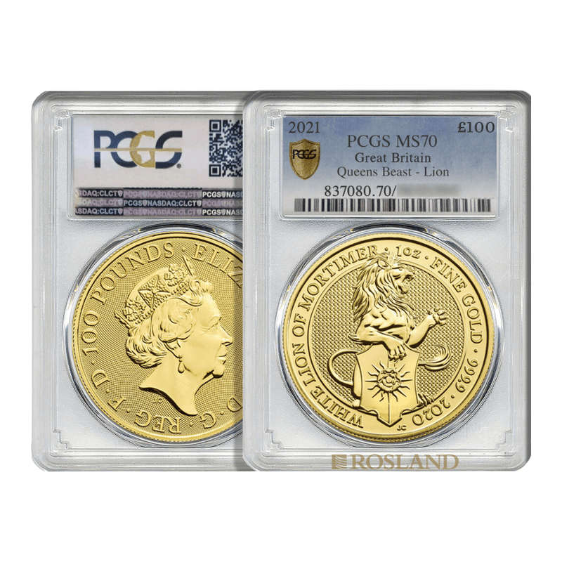 The Queen's Beasts 2021 24k Gold White Lion MS70