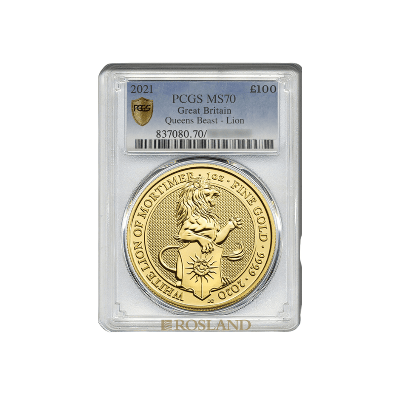 The Queen's Beasts 2021 24k Gold White Lion MS70